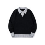 Color-Blocked Mock Two-Piece Knit Sweater with Turn-Down Collar, Unisex Casual Versatile Pullover - Image 4