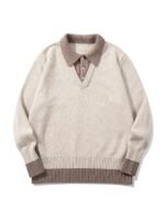 Color-Blocked Mock Two-Piece Knit Sweater with Turn-Down Collar, Unisex Casual Versatile Pullover - Image 7