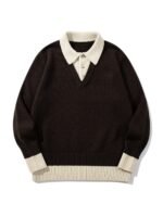 Color-Blocked Mock Two-Piece Knit Sweater with Turn-Down Collar, Unisex Casual Versatile Pullover - Image 8