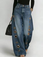 New jeans for women, metal eyelet design, casual loose high-waisted wide-leg jeans - Image 8