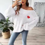 Lady's Crewneck Sweater Top, One-shoulder Off-shoulder Flared Sleeve with Heart Embroidery Applique Knitwear - Image 3