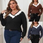 Deep V-Neck Loose Knitted Sweater for Women, Long Sleeve, Pearl Bead Embellished Top - Image 5