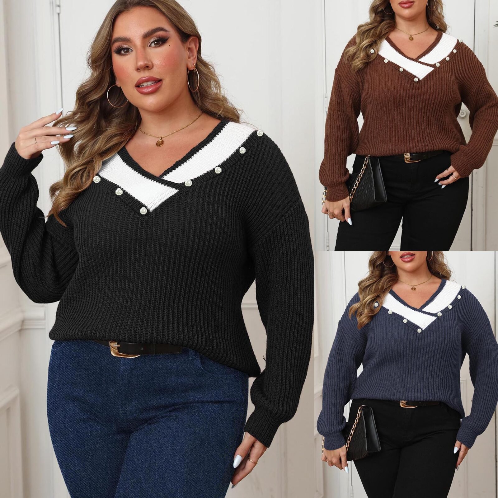 Deep V-Neck Loose Knitted Sweater for Women, Long Sleeve, Pearl Bead Embellished Top - Image 5