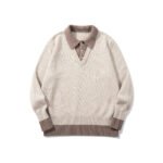 Color-Blocked Mock Two-Piece Knit Sweater with Turn-Down Collar, Unisex Casual Versatile Pullover