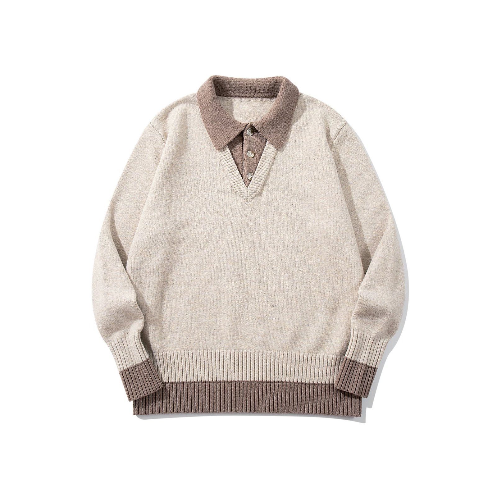 586557290 Color-Blocked Mock Two-Piece Knit Sweater with Turn-Down Collar, Unisex Casual Versatile Pullover - Image 1