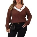 Deep V-Neck Loose Knitted Sweater for Women, Long Sleeve, Pearl Bead Embellished Top