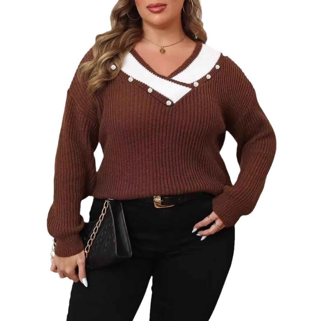 586557298 Deep V-Neck Loose Knitted Sweater for Women, Long Sleeve, Pearl Bead Embellished Top - Image 1