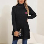 Lady's Base Layer Sweater, Hand-Crocheted Flower, High Neck, Simple Split Design Dress - Image 3