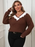 Deep V-Neck Loose Knitted Sweater for Women, Long Sleeve, Pearl Bead Embellished Top - Image 6