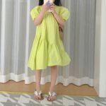 Solid color round neck bubble sleeve patchwork large skirt doll dress - Image 3