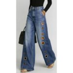 New jeans for women, metal eyelet design, casual loose high-waisted wide-leg jeans - Image 3