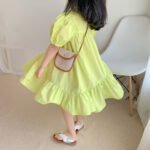 Solid color round neck bubble sleeve patchwork large skirt doll dress - Image 4