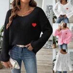 Lady's Crewneck Sweater Top, One-shoulder Off-shoulder Flared Sleeve with Heart Embroidery Applique Knitwear - Image 5