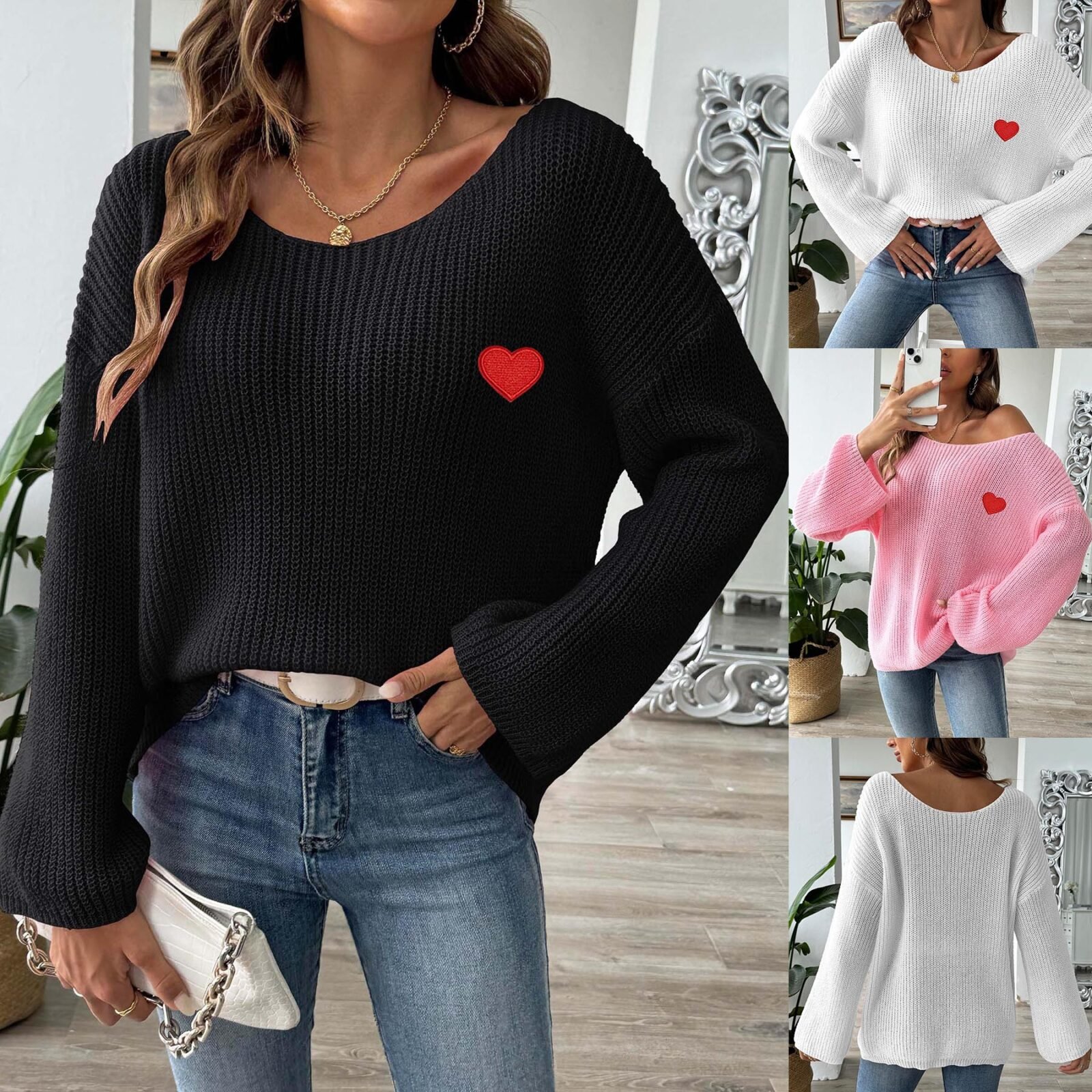 Lady's Crewneck Sweater Top, One-shoulder Off-shoulder Flared Sleeve with Heart Embroidery Applique Knitwear - Image 5