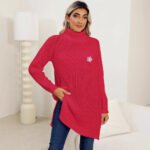 Lady's Base Layer Sweater, Hand-Crocheted Flower, High Neck, Simple Split Design Dress - Image 2