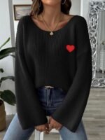 Lady's Crewneck Sweater Top, One-shoulder Off-shoulder Flared Sleeve with Heart Embroidery Applique Knitwear - Image 8