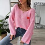 Lady's Crewneck Sweater Top, One-shoulder Off-shoulder Flared Sleeve with Heart Embroidery Applique Knitwear - Image 2