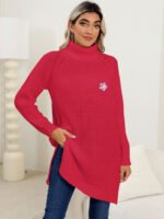 Lady's Base Layer Sweater, Hand-Crocheted Flower, High Neck, Simple Split Design Dress - Image 8