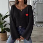 Lady's Crewneck Sweater Top, One-shoulder Off-shoulder Flared Sleeve with Heart Embroidery Applique Knitwear - Image 4