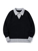 Color-Blocked Mock Two-Piece Knit Sweater with Turn-Down Collar, Unisex Casual Versatile Pullover - Image 6