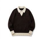 Color-Blocked Mock Two-Piece Knit Sweater with Turn-Down Collar, Unisex Casual Versatile Pullover - Image 3