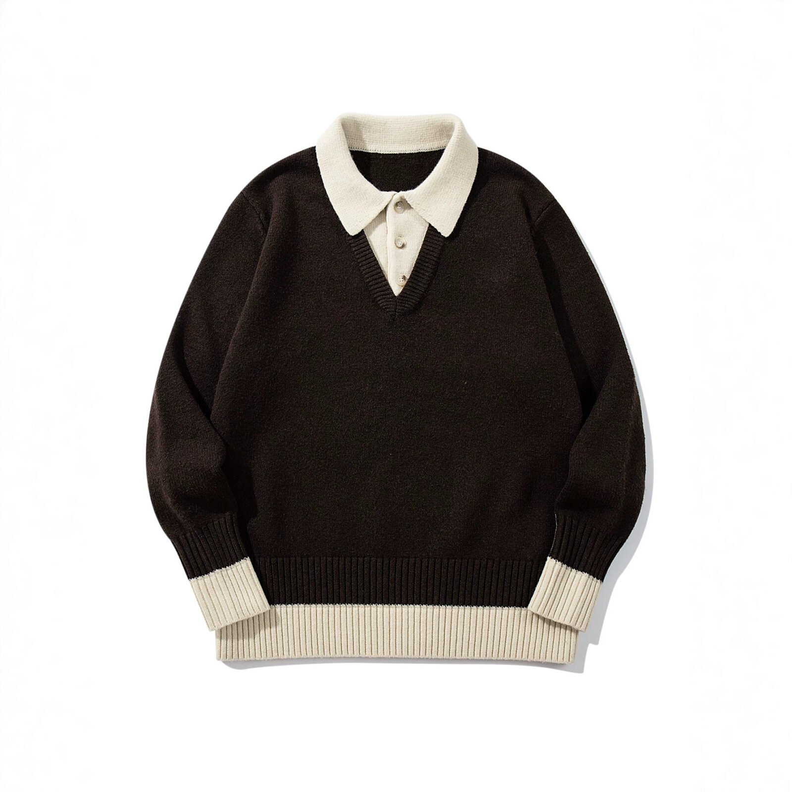 Color-Blocked Mock Two-Piece Knit Sweater with Turn-Down Collar, Unisex Casual Versatile Pullover - Image 3