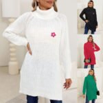 Lady's Base Layer Sweater, Hand-Crocheted Flower, High Neck, Simple Split Design Dress - Image 5