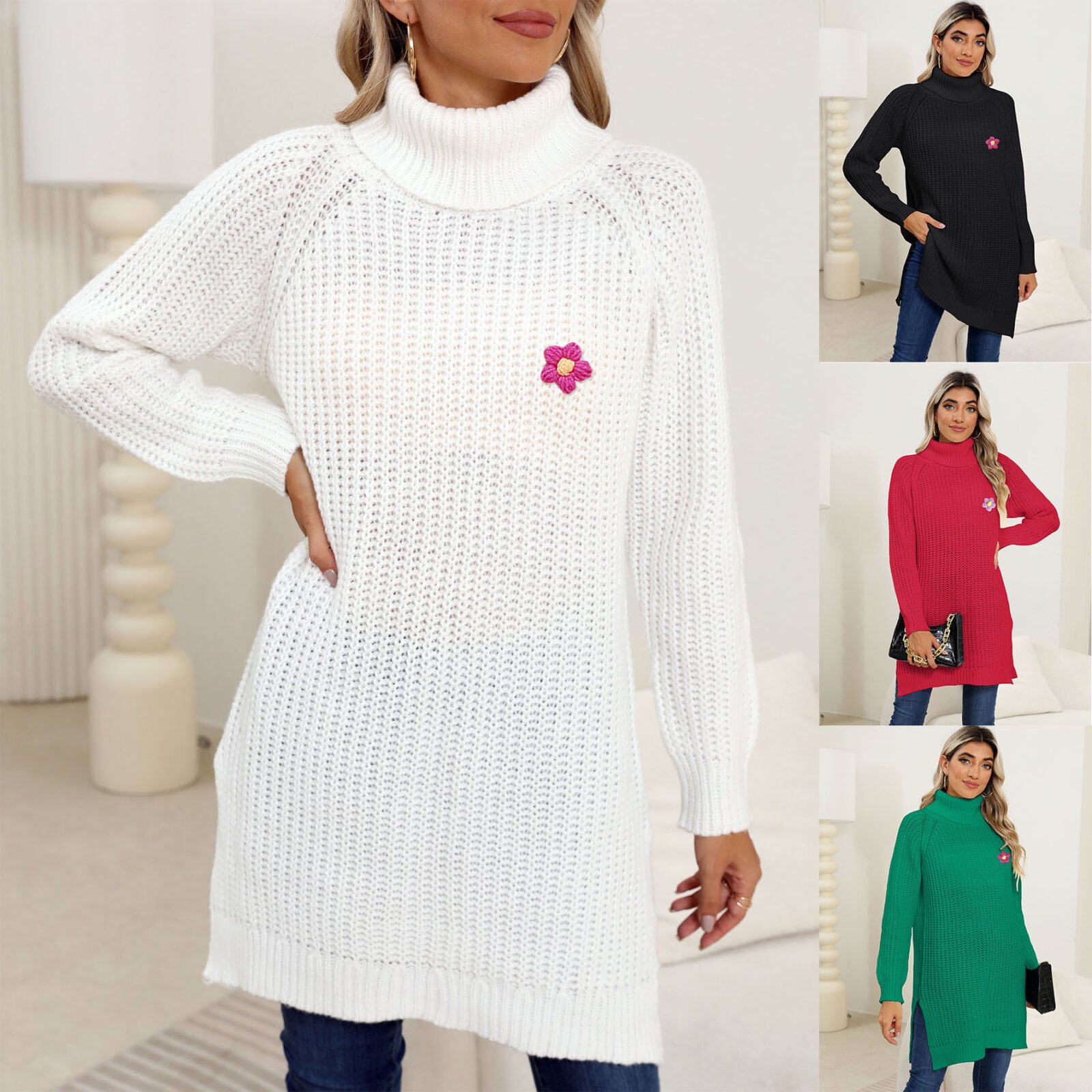 Lady's Base Layer Sweater, Hand-Crocheted Flower, High Neck, Simple Split Design Dress - Image 5