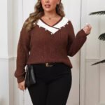 Deep V-Neck Loose Knitted Sweater for Women, Long Sleeve, Pearl Bead Embellished Top - Image 3