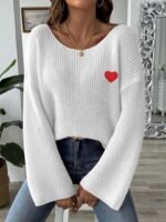 Lady's Crewneck Sweater Top, One-shoulder Off-shoulder Flared Sleeve with Heart Embroidery Applique Knitwear - Image 7
