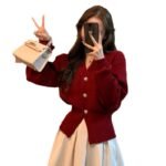 Cherry Red Knit Cardigan for Women, Stylish Waist-Cinching Slim Fit Sweater Coat, Festive Christmas and New Year Outfit - Image 5