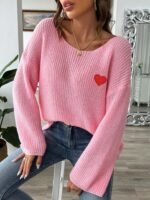 Lady's Crewneck Sweater Top, One-shoulder Off-shoulder Flared Sleeve with Heart Embroidery Applique Knitwear - Image 6