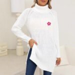 Lady's Base Layer Sweater, Hand-Crocheted Flower, High Neck, Simple Split Design Dress - Image 4