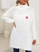 Lady's Base Layer Sweater, Hand-Crocheted Flower, High Neck, Simple Split Design Dress - Image 7