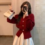 Cherry Red Knit Cardigan for Women, Stylish Waist-Cinching Slim Fit Sweater Coat, Festive Christmas and New Year Outfit - Image 7