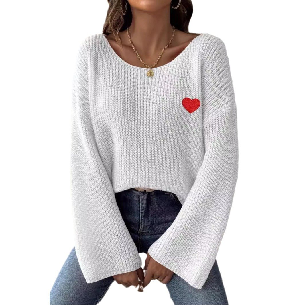 586557278 Lady's Crewneck Sweater Top, One-shoulder Off-shoulder Flared Sleeve with Heart Embroidery Applique Knitwear - Image 1