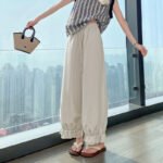 Real Shot Pleated Ruffle Hem Lantern Pants Women Spring Summer Silk Cotton Cuffed Cool Lightweight Casual Pants - Image 5