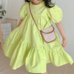 Solid color round neck bubble sleeve patchwork large skirt doll dress - Image 6