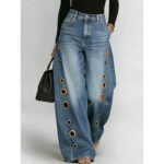New jeans for women, metal eyelet design, casual loose high-waisted wide-leg jeans - Image 6