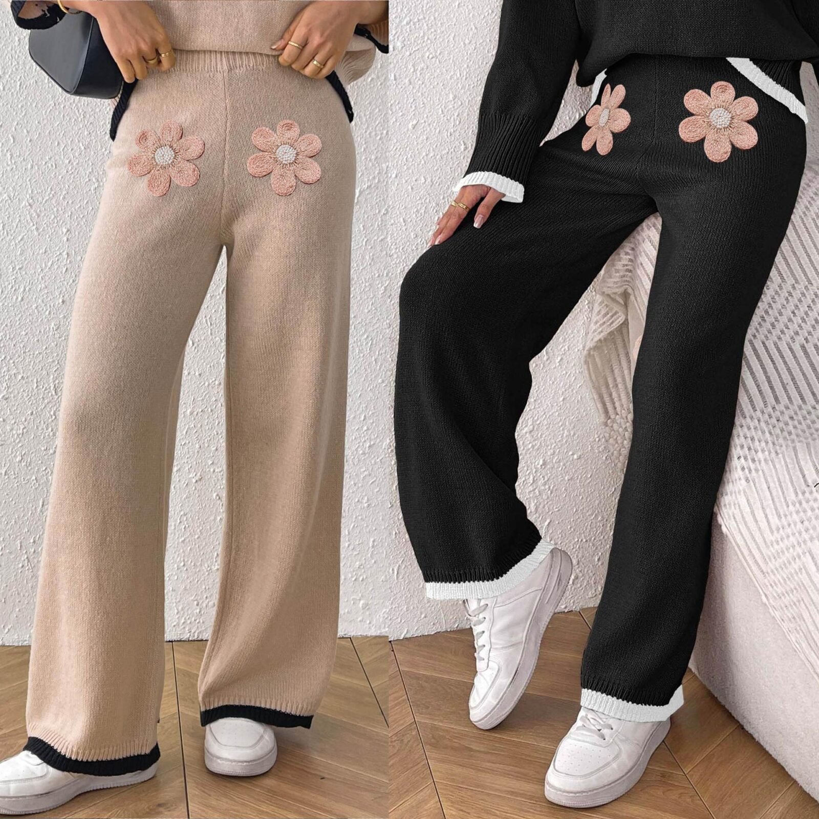 Ladies' Knitted Pants Women's Embroidered Flower Patchwork Sweater Casual Pants - Image 5