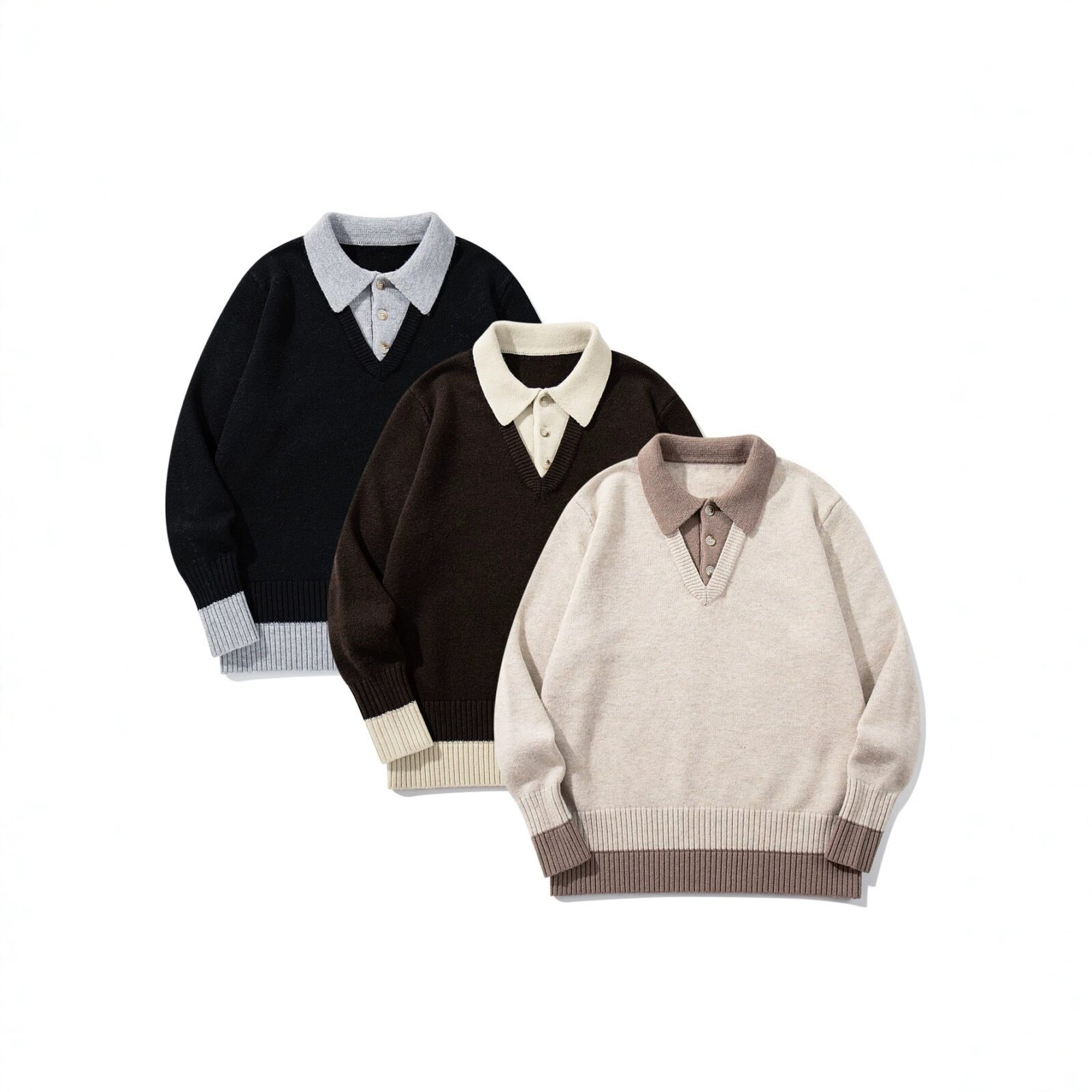 Color-Blocked Mock Two-Piece Knit Sweater with Turn-Down Collar, Unisex Casual Versatile Pullover - Image 5