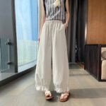 Real Shot Pleated Ruffle Hem Lantern Pants Women Spring Summer Silk Cotton Cuffed Cool Lightweight Casual Pants