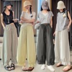 Real Shot Pleated Ruffle Hem Lantern Pants Women Spring Summer Silk Cotton Cuffed Cool Lightweight Casual Pants - Image 2