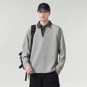 Men's Long Sleeve Fake Two-Piece Polo Sweatshirt Casual Loose Fit Plus Size Top