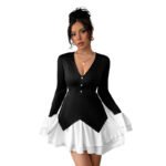 Elegant Color Block Long Sleeve Pleated Ruffle Trim Mini Dress