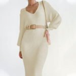 Long Lantern Sleeve Waist Cinching Long Knitted Sweater Dress - Image 7