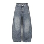 Wash Deconstructed High Waist Wide Leg Denim Jeans with Beaded Letter Embroidery