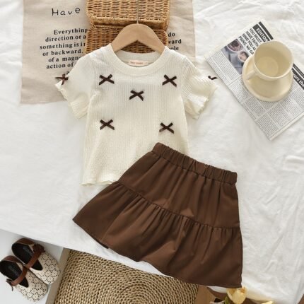 Summer New Butterfly Sleeveless  A-Line Skirt 2-Piece Set for Girls