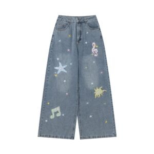 Sweet Cool Wide Leg High Waist Denim Pants with Star and Musical Note Embroidery