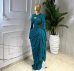 Jacquard Long Sleeve Ruched Tie Ribbon Maxi Dress - Image 7